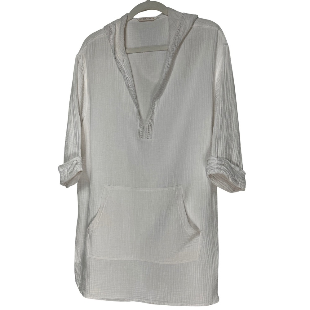 La Blanca Seaside Crochet Hooded Pocket Swim Cover Up White Gauze Retail $89
